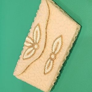 Vintage Ivory Satin & Beaded Clutch - EUC